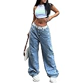CFNZER Wide Leg Jeans for Women Y2K Lowrise Patchwork Cargo Baggy Jeans Fashion Denim Pants Streetwear Bottoms