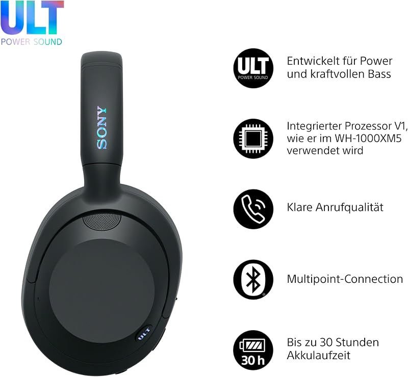 ULT WEAR - Kabellose Kopfhörer mit Noise Cancelling, ULT Power Sound, ultimativer Deep Bass, selbem Prozessor wie WH-1000XM5, klare Anrufe, 30 Stunden Akkulaufzeit, iOS und Android - Schwarz