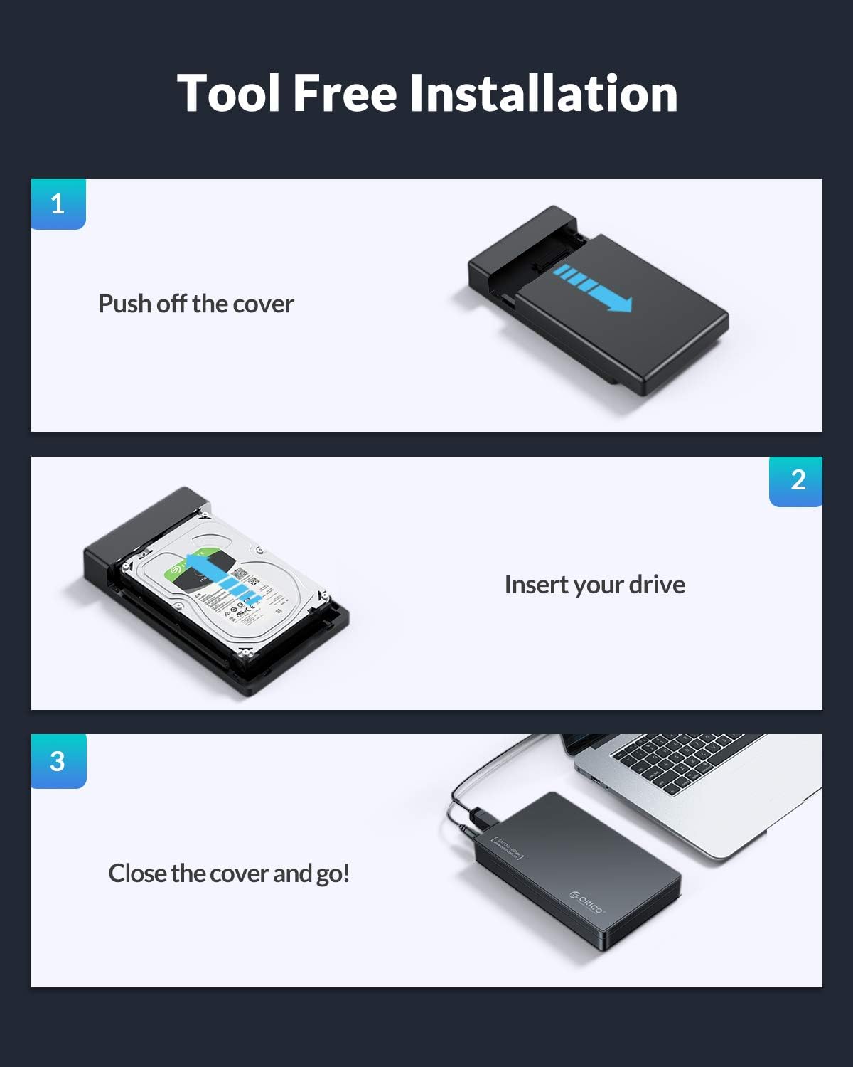 ORICO Toolfree USB 3.0 to SATA External 3.5 Hard Drive Enclosure Case for 3.5 SATA HDD and SSD[Support UASP and 16TB Drives]: Computers & Accessories
