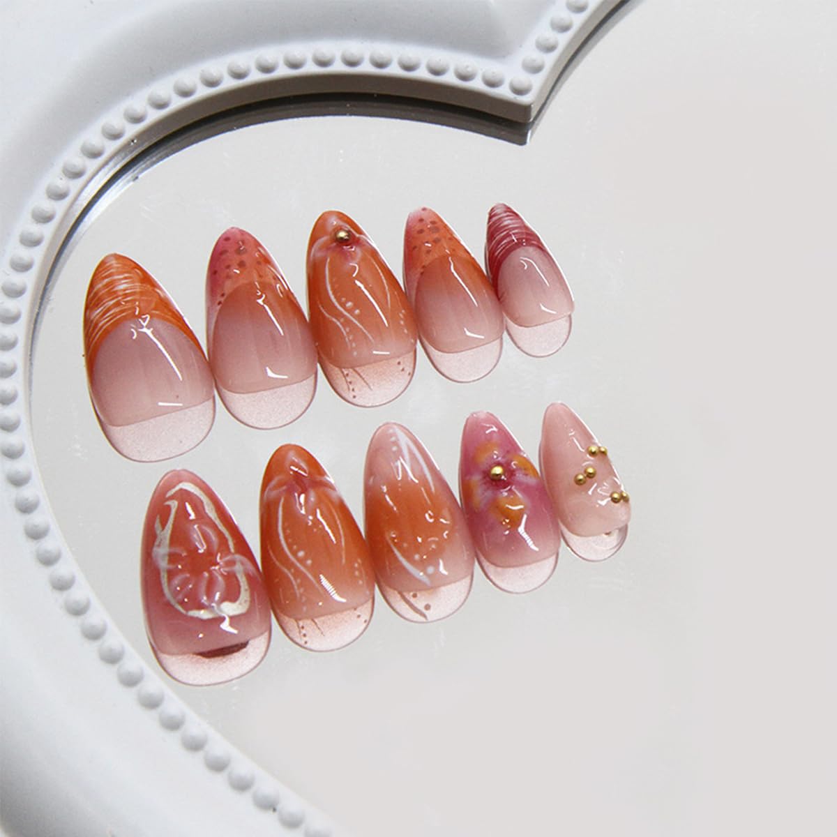 24Pcs Medium Press on Nails Almond Fake Nails with Flower Petal Charms Design Stick on Nails 3D Texture Ripple Flower Acrylic Nails Orange Pink French Tip Glue on Nails Stiletto False Nails for Women - Image 3