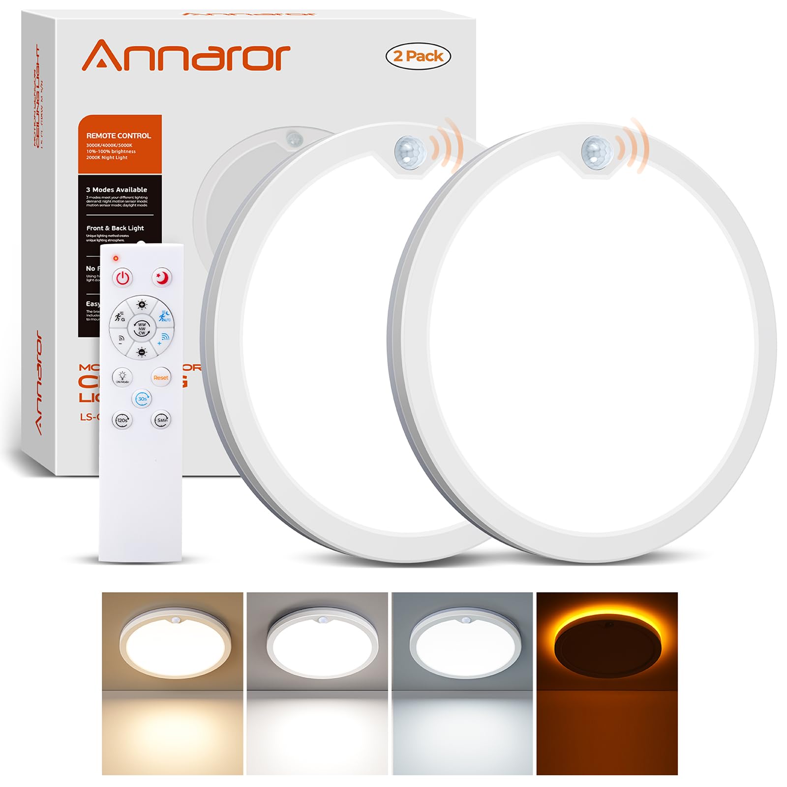 Photo 1 of Annaror 2Pack Motion Sensor Ceiling Light with Remote, Night Light 2000K, 8.7 Inch Wired Flush Mount 3000K/4000K/5000K, 1800LM Dimmable Motion Sensor Light Indoor for Closet Hallway Stairs White