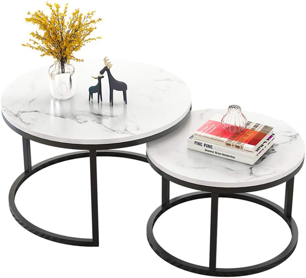 Pedestal Tables for Living Room, Modern Round Coffee Tables, Metal Frame Nesting Tables,White + Black