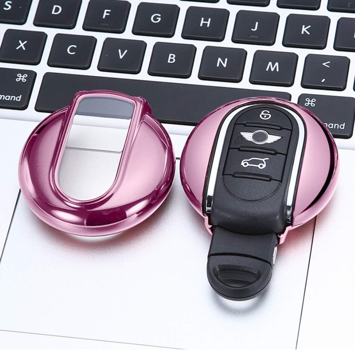 ontto Keycase Premium Soft TPU Full Protection Smart Key Fob Shell Case Key Rings Keychains for Mini Cooper ONE S JCW F54 F55 F56 F57 F60 Pink