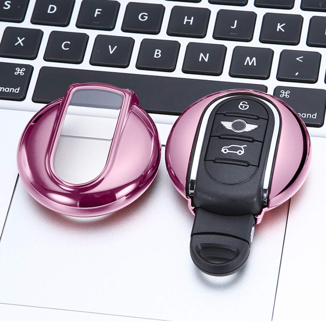 ontto Keycase Premium Soft TPU Full Protection Smart Key Fob Shell Case Key Rings Keychains for Mini Cooper ONE S JCW F54 F55 F56 F57 F60 Pink