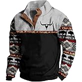 Bengbobar Men's Western Fleece Jacket Cowboy Bull Head Print Pullover 1/4 Zip Stand Collar Long Sleeve Country Sweatshirts