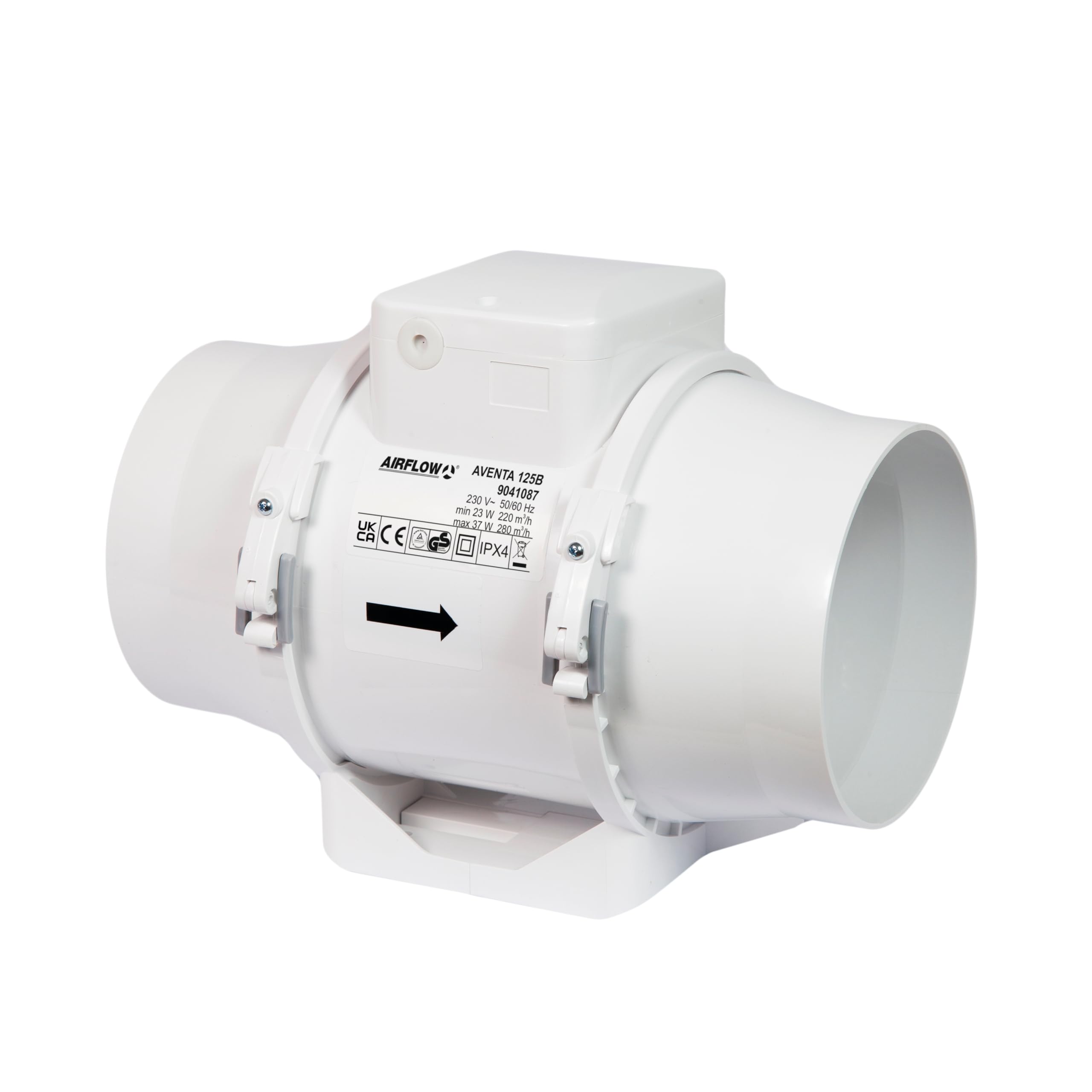 Airflow Aventa 125B In-Line Mixed Flow Extractor Fan – 23W Energy-Saving, 61-78 l/s (220-280 m³/h) Flow Rate, 2-Speed, Compact Design (190x246x136 mm), Fits 125mm Duct, 3-Year Warranty