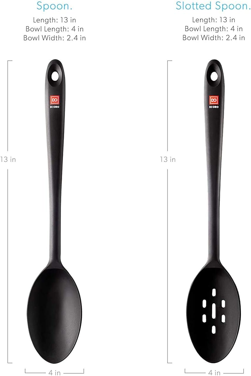 DI ORO Seamless Series 2-Piece Silicone Spoon Set - 600F Heat-Resistant Rubber Non-Stick Slotted and Solid Spoons for Mixing and Serving - LFGB Certified and BPA Free Pro-Grade Silicone – Black: Kitchen & Dining