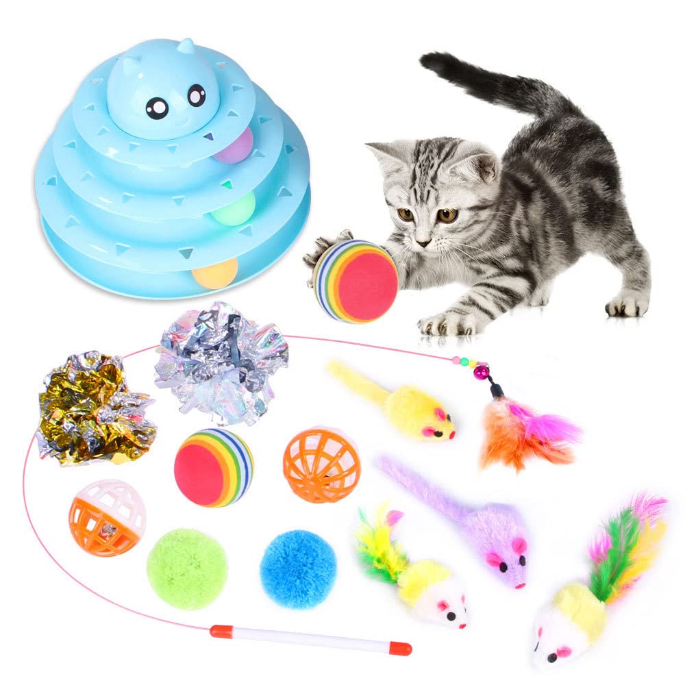 WANGCL 14 Pack Cat Toys Interactive for Indoor Cats Kitten Toy Fun Roller Exerciser 3 Level Cat Teaser Ball Toys Cat Feather Wand Toy
