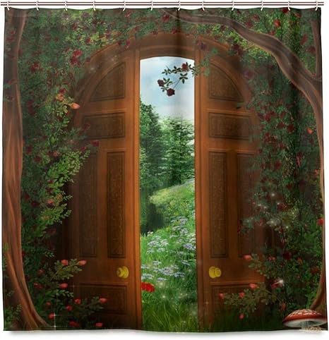 Amazon Vinisath 防水シャワーカーテン ヴィンテージゲート茶色のドアファンタジーガーデン緑の木々草原花きのこ 浴室 目隠し 間仕切り取付簡単 カーテンリング付属 おしゃれ バスカーテン 180ｘ180cm シャワーカーテン ホーム キッチン オンライン通販