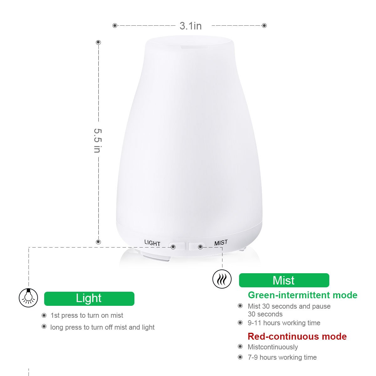 MFEEL Ultrasonic Humidifier 100ML Aromatherapy Oil Diffuser Cool Mist with 7 Color LED Lights Mode Adjustment Waterless Auto Shut-Off