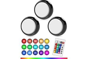 UNIWA Puck Lights with Remote,Under Cabinet Lights Wireless,16 Colors Changeable LED Light Dimmable, AAA Battery Operated Powered Push Night Lights for Home Decro (Black-3 Pack)