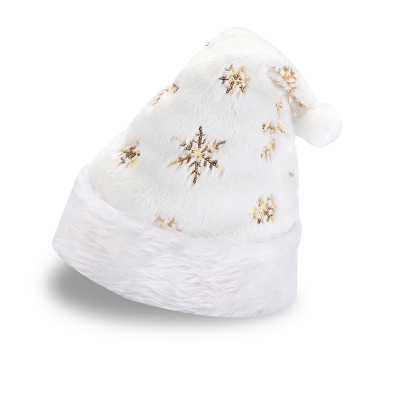 BSITSSS White Furry Santa Hat, Classic Sparkly Christmas Hat, Gold Sequin Santa Claus Hat, Unisex Adults Christmas Hats, Christmas Party Hats for Christmas New Year Party Supplies