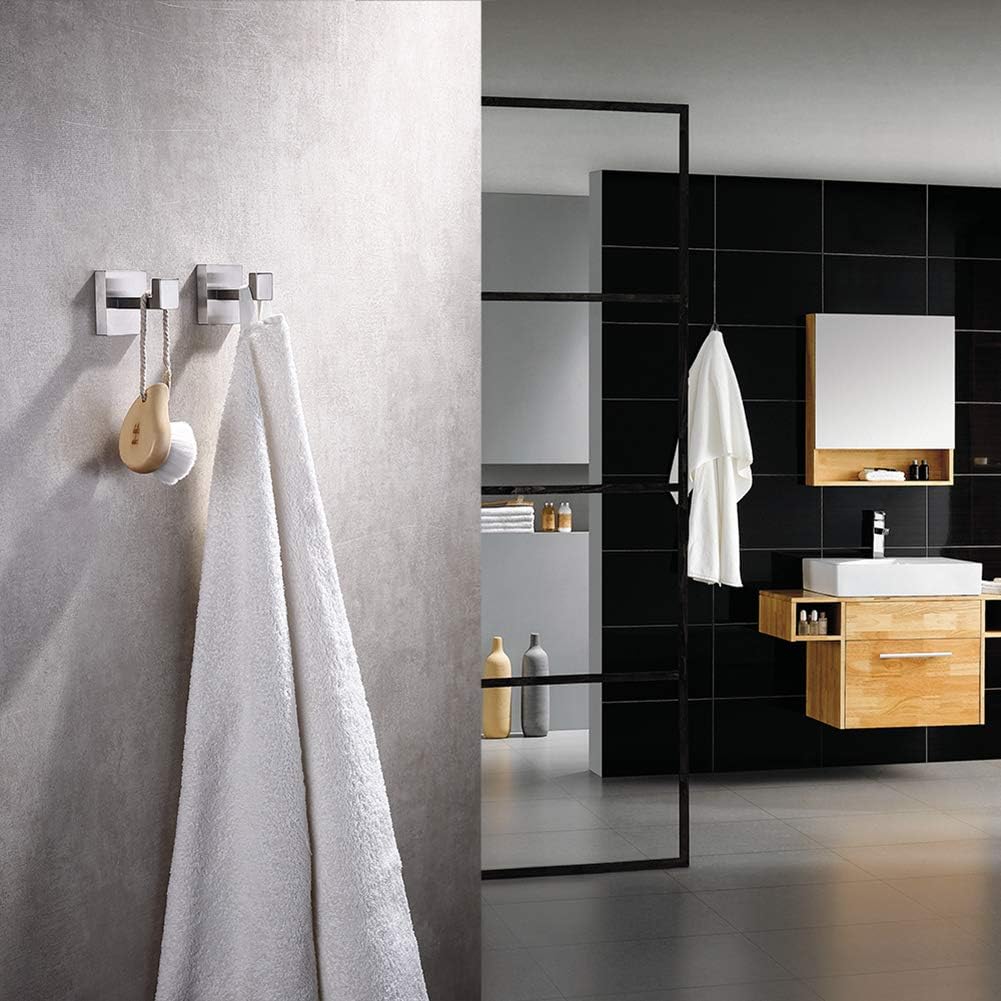 TASTOS Bath Towel Hooks Brushed Nickel, 2 Pack Stainless Steel Robe Coat and Clothes Hook, Heavy Duty Wall Hook for Bathroom & Kitchen, Modern Square Style Wall Mounted (Silver) - - 