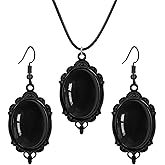 coadipress Gothic Cameo Earrings Necklace Set for Women Halloween Crystal Pendant Necklaces Vintage Red Green Purple Stardust Crystal Emboss Earrings Halloween Victorian Jewelry