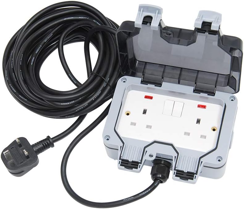 Outdoor Extension Lead 10M Waterproof IP66 Garden Extension Cord 2 Gang Double Switched Outside Use