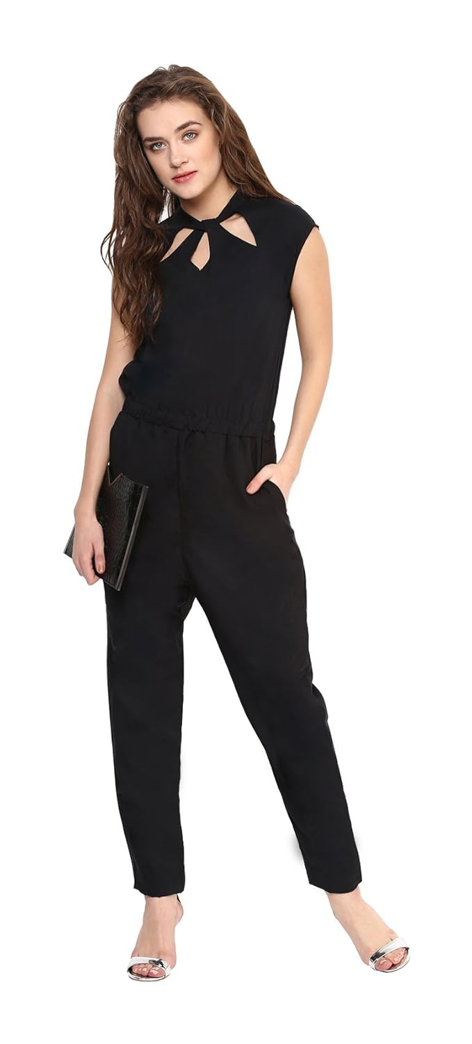 uptownie lite women's crepe neck cut out jumpsuit (black)
