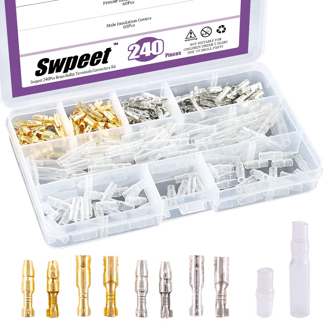 Swpeet 240Pcs Bullet Connectors Kit, 3.9mm Brass Bullet Male & Female Wire Terminals Connector with Insulation Cover for Motorcycle Scooter Car Truck with Insulation Sleeve