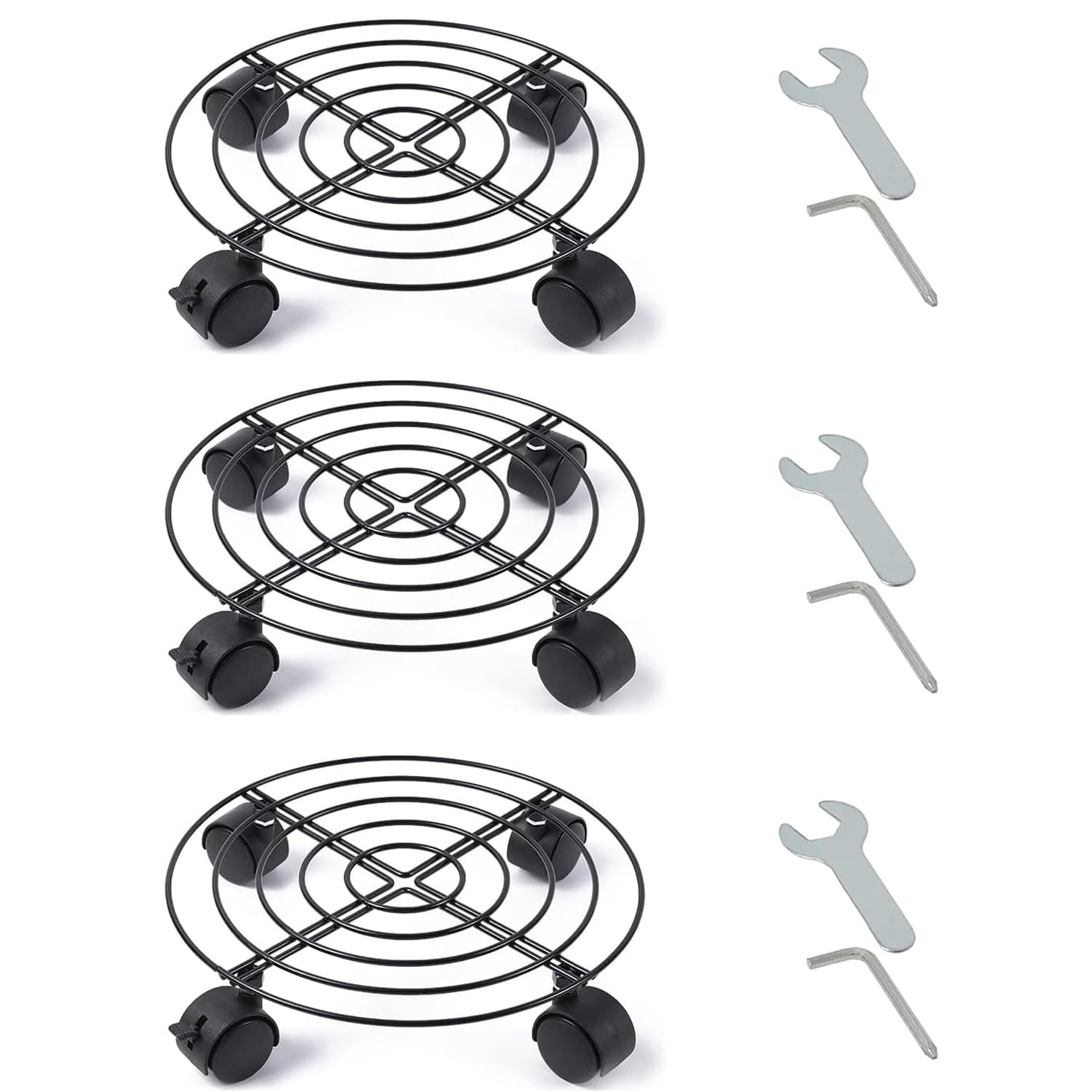 HAYAN 3 Pack 30cm Metal Plant Caddy with Brake Wheels, Heavy Duty Garden Plant Pot Dolly, Iron Potted Round Flower Pot Rack on Roller, Rolling Plant Stand Dolly for Indoor & Outdoor