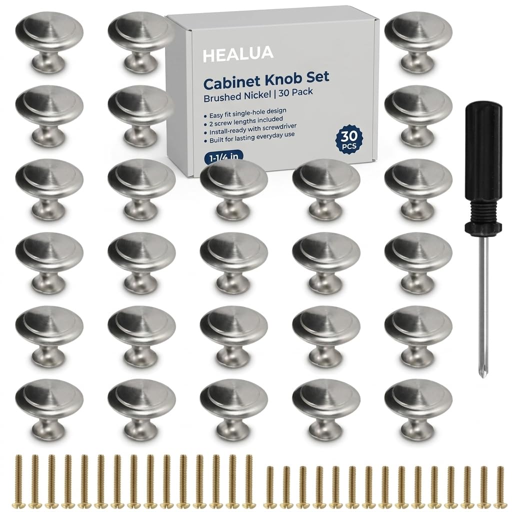 HEALUA 30 Pack Brushed Nickel Cabinet Pulls - 1-1/4 inch Kitchen Cabinet Knobs and Drawer Pulls for Dresser Drawers