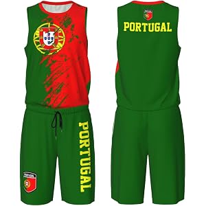 Portugal Flag Grain Basketball Jersey Uniform Suit for Men Adults Training Athletic Set