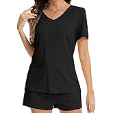 Qukayang Women's 2 Piece V Neck Pajamas Sets with Pockets Lightweight Lounge Casual Sleepwear Tshirt Shorts