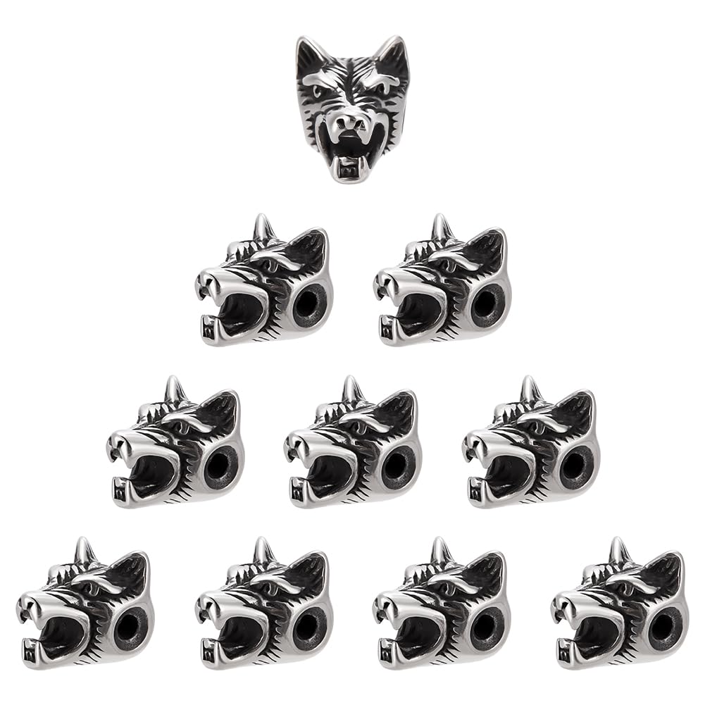 UNICRAFTALE 10pcs Wolf Loose Bead 2mm Hole Stainless Steel Tibetan Beads14mm Antique Silver Spacer Beads Metal Bead Animal Head European Bead for Necklace Bracelet DIY Making