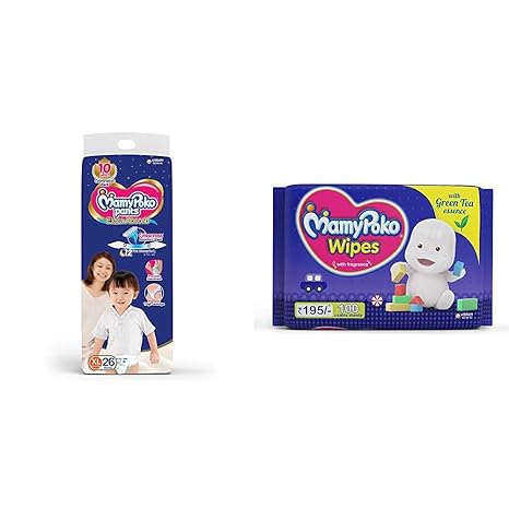 MamyPoko Pants Extra Absorb Diapers, Extra Large (Pack of 26) & MamyPoko Wipes with Green Tea Essence - Pack of 100 * 2 Wipes with Fragrance (100 * 2 = 200 Wipes)