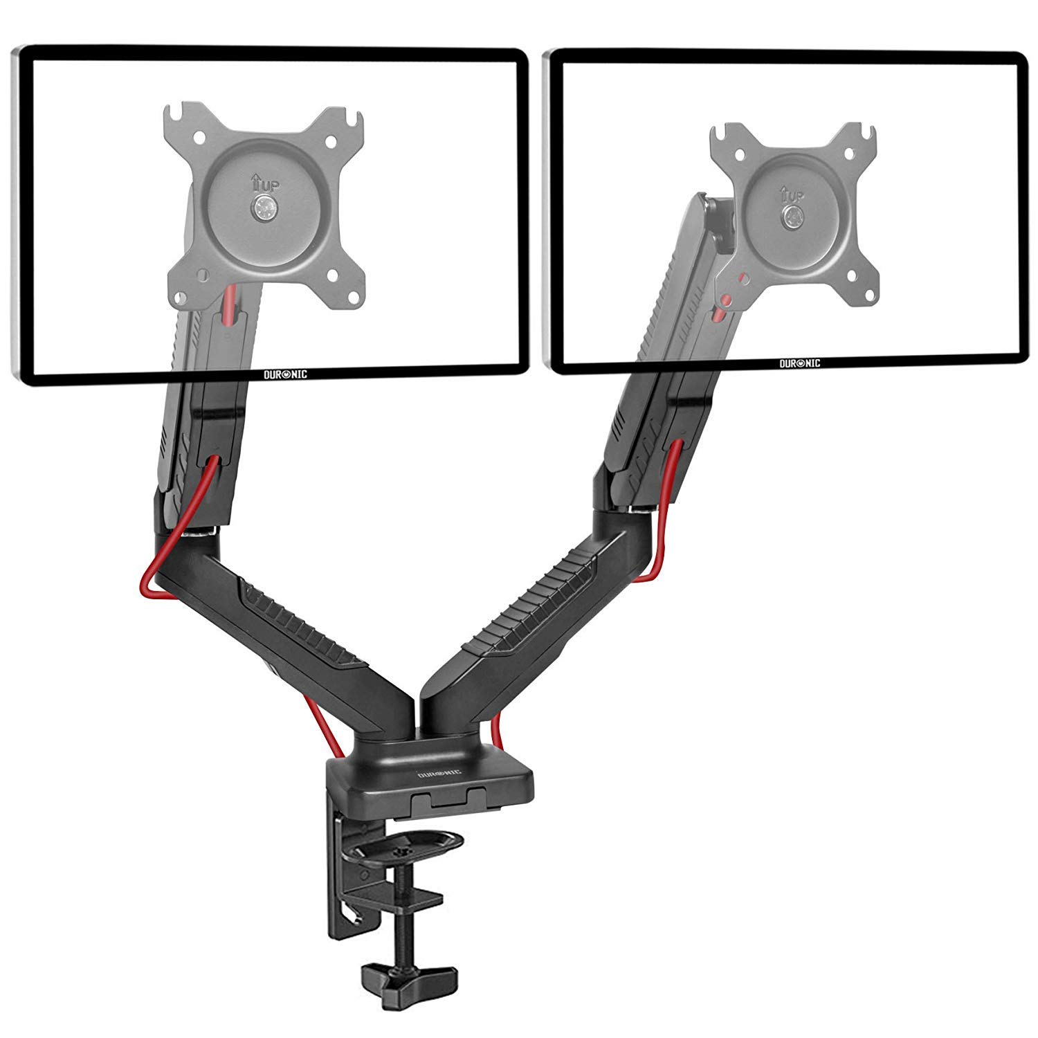 Duronic Monitor Arm Stand DMDC52, Double Gas-Powered PC Desk Mount, Black, Height Adjustable, For Two 13-24 LED LCD Screens, VESA 75/100, 6.5kg Capacity, Tilt -90°/+85°,Swivel 180°,Rotate 360°