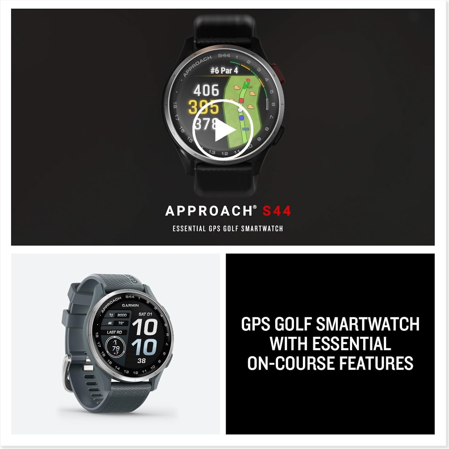 Garmin Approach S44 Essential Golf Watch with GPS, AMOLED Display, On-Course Features, Sports and Fitness Smartwatch, Silver Aluminum Bezel with Black Silicone Band Bundle