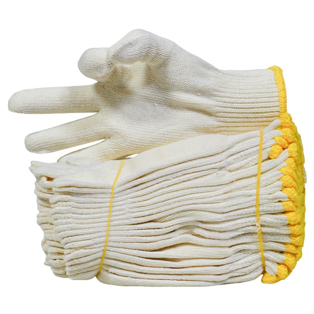 SDENSHI 12 Pack Beige String Knit Gloves - Washable Elastic Knit Wrist Cotton Yarn Seamless Workwear Protective Work Gloves