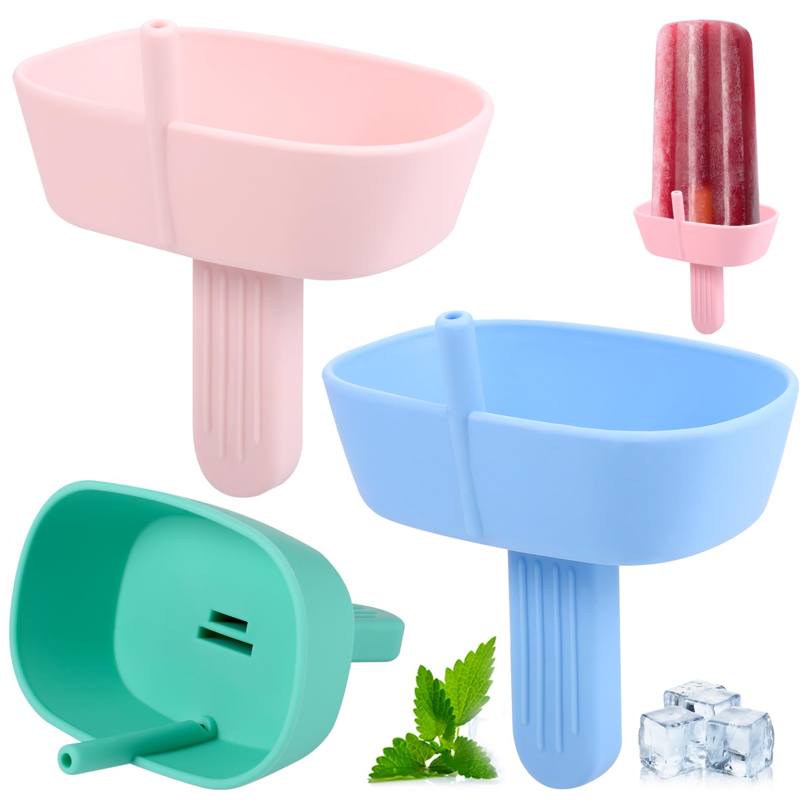 Hejo 4 Pcs Ice Lolly Holder, Silicone Drip Free Popsicle Holder for Kids, Reusable Ice Pop Holder with Straw for Home Gadget, Summer Party (Pink, Blue, Green, Light Pink)