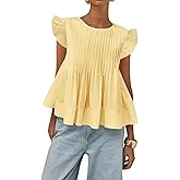 Women's Summer Blouse Ruffled Sleeves Pleated A Line Peplum Babydoll Shirt Top(Yellow,l)