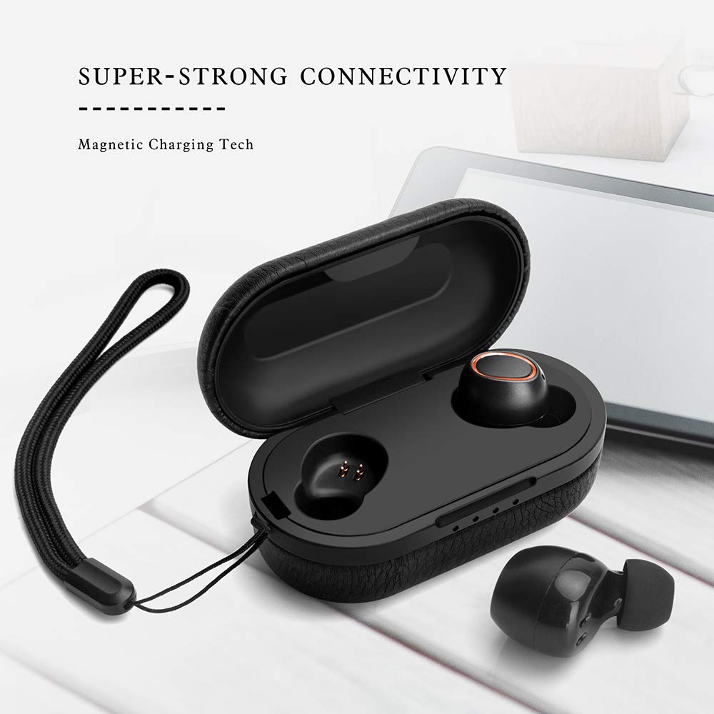 True Wireless Earbuds Bluetooth 5.0 with Leather Charging Case, Barsone Deep Bass HiFi Stereo in-Ear Earphones Waterproof Built-in Noise-Cancelling Mic for 40hours Extended Playtime