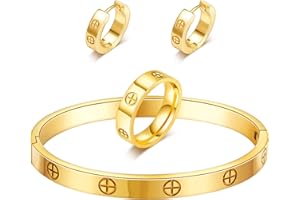 SFLOEMM 3 Pcs Gold Hoop Earrings Bracelets Ring Sets for Women-18K Gold Plated Love Bracelet Cubic Zirconia Cuff Bangle Hoop Earrings Friendship Love Ring Jewelry Set,Wedding Party Christmas Valentine's Day Birthday Gifts for Her Girlfriend Sister Daughter