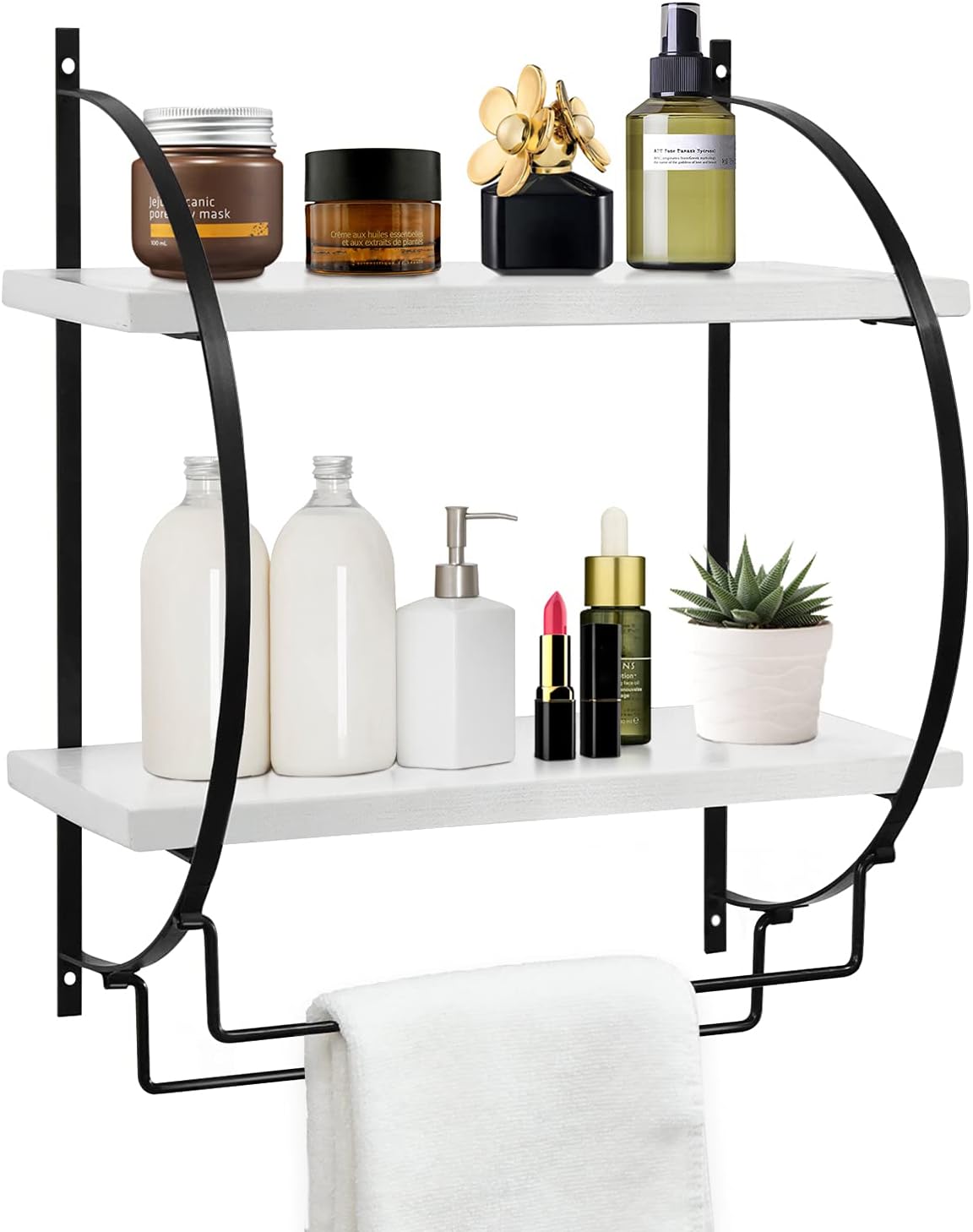 bathroom wall mounted towel rack on Amazon Com Y Me 2 Tier Wall Mounted Floating Bathroom Shelf With Towel Rack White Wooden Bathroom Shelf Home Toilet Double Layer Storage With Towel Rods For Bathroom Kitchen And Living Room White Kitchen