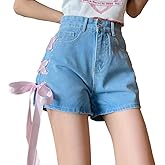RILGOU Y2K Gothic Kawaii Clothes Casual High Waisted Wide Leg A-Line Vintage Pink Ribbon Trim Denim Shorts for Women