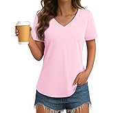 GKBK Womens T Shirts V Neck Short Sleeve Cotton Tops Summer Curved Hem Trendy Basic Tee Shirt S-XXL