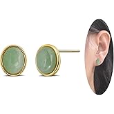 Teppdfann 14K Gold Plated Edged Jade Stud Earrings Light Green Oval Jade Earrings for Women Jade Jewelry for Valentines Day Birthday Anniversary Gifts