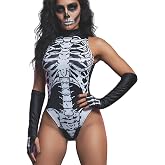 Aucute Women High Neck Sleeveless Skeleton Bodysuit Cosplay Tops Scary Skull Halloween Costume Lingerie One Piece Swimsuit