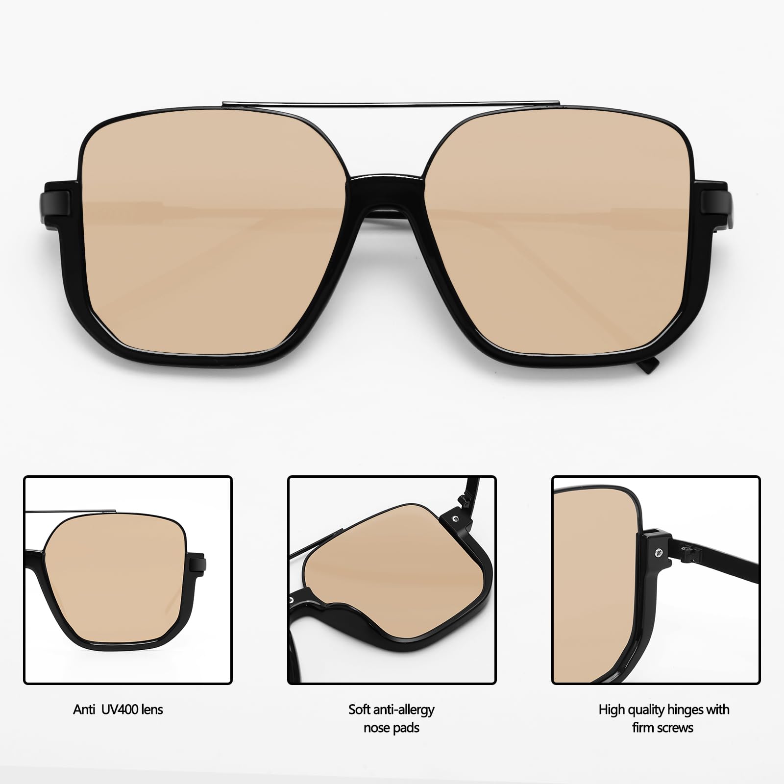 GUVIVI Retro Oversized Aviator Sunglasses for Women Men Square Double Bridge Pilot Sun Glasses 70s Trendy Shades