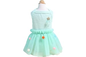 QWINEE Dog Princess Dress with Pom Pom Decro Breathable Mesh Cat Puppy Dress Sleeveless Cake Skirts for Small Medium Dogs Cat Kitten Mint Green L