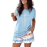 CHICME Pajamas Set for Women 2 Piece Pjs Lounge Set Soft Short Sleeve Tops and Sleep Shorts with Pocket