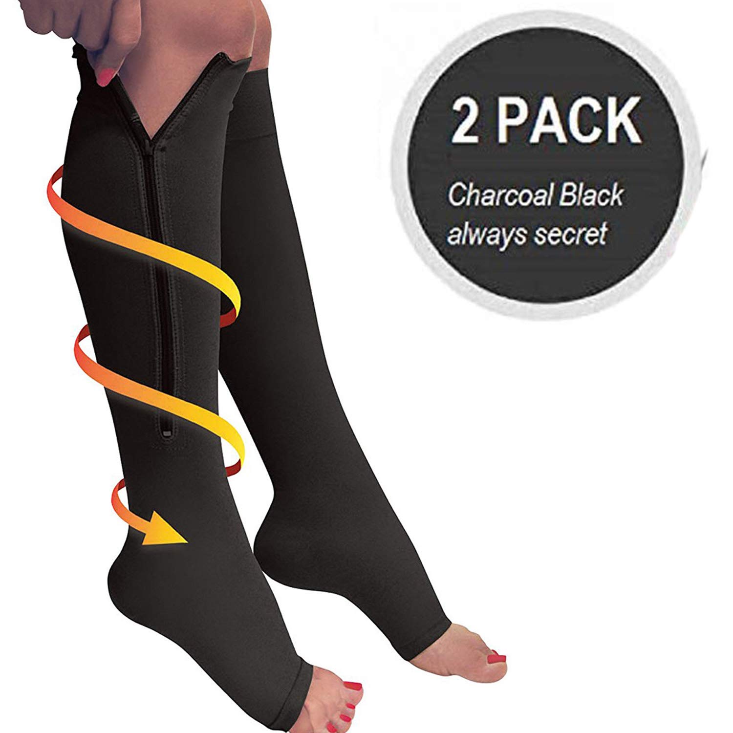 aczerY Zip Compression Socks Medical, 2 Pair Toeless Nurse Compression