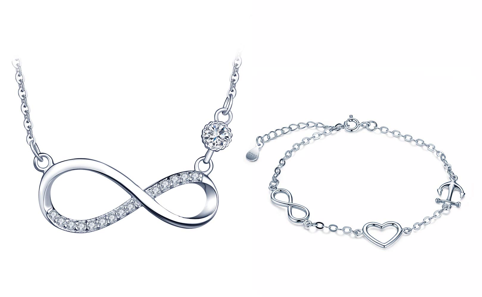 Infinity Necklace Heart Anchor Bracelet 925 Sterling Silver Jewellery Set for Mother Mum