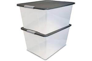 HOMZ 2-Pack Secure Latch, Clear Plastic Storage Organizer Bins, 64 Quart, Gray Lid - Heavy-Duty Container Boxes with Lids for Home, Office, and Garage
