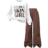 SOLY HUX Girl's 2 Piece Outfits Graphic Crewneck Sweatshirt and Cargo Pants Set Fall Clothes