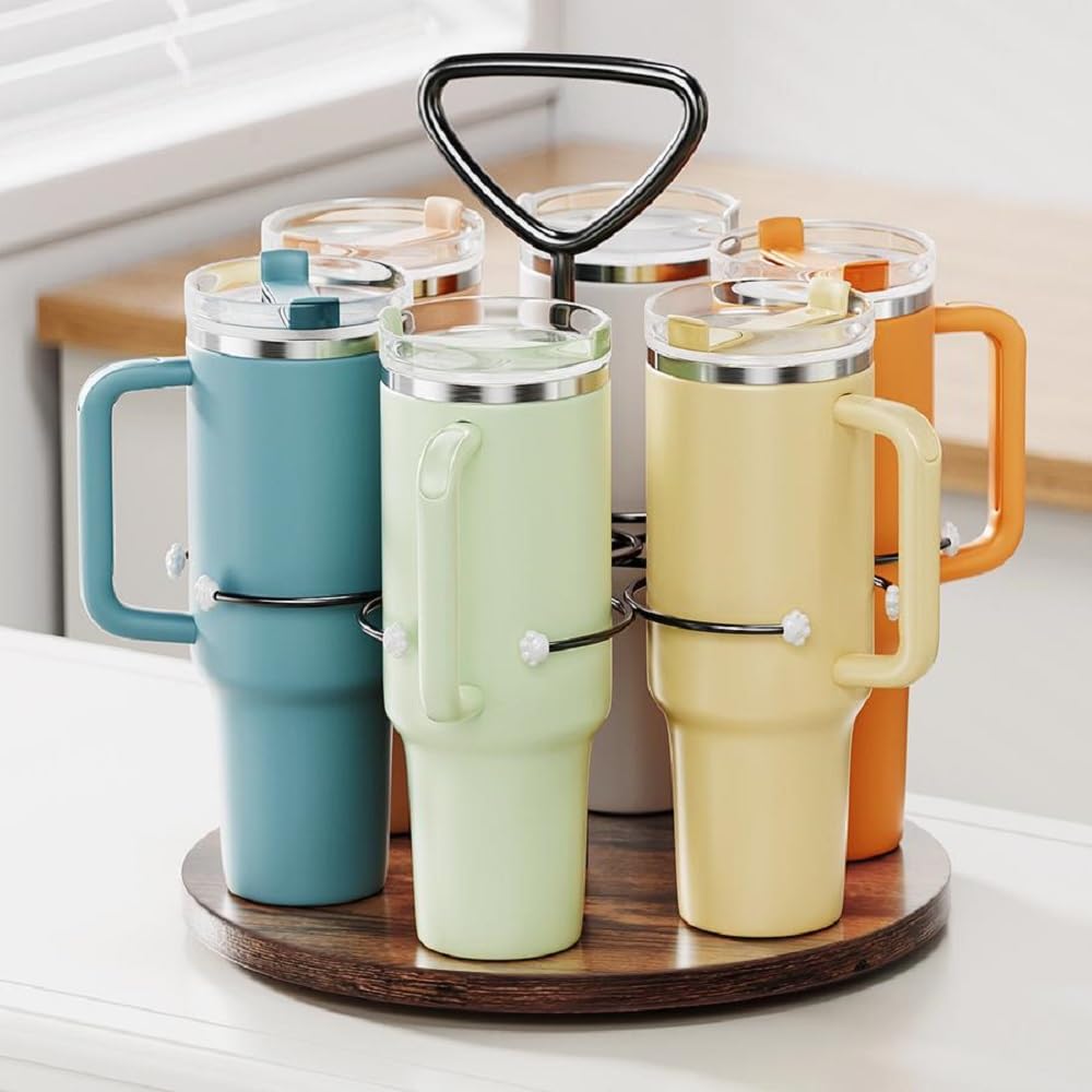 Photo 1 of Delamu Water Bottle Organizer for Stanley Cup Organizer Holder Tumbler Storage with Wooden Turntable Base, Detachable Handle for Easy Carry, Stanley Cup Accessories for 40 oz 30 oz 20 oz Cup