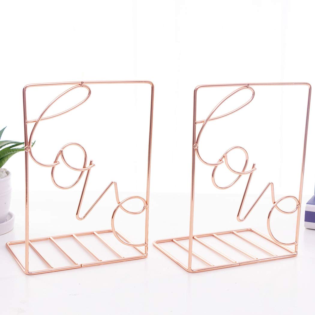 SIPLIV Creative Minimalist Style Bookends Metal Adjustable Books Holder Stand Book Rack Desk Bookend - Love, Rose Gold
