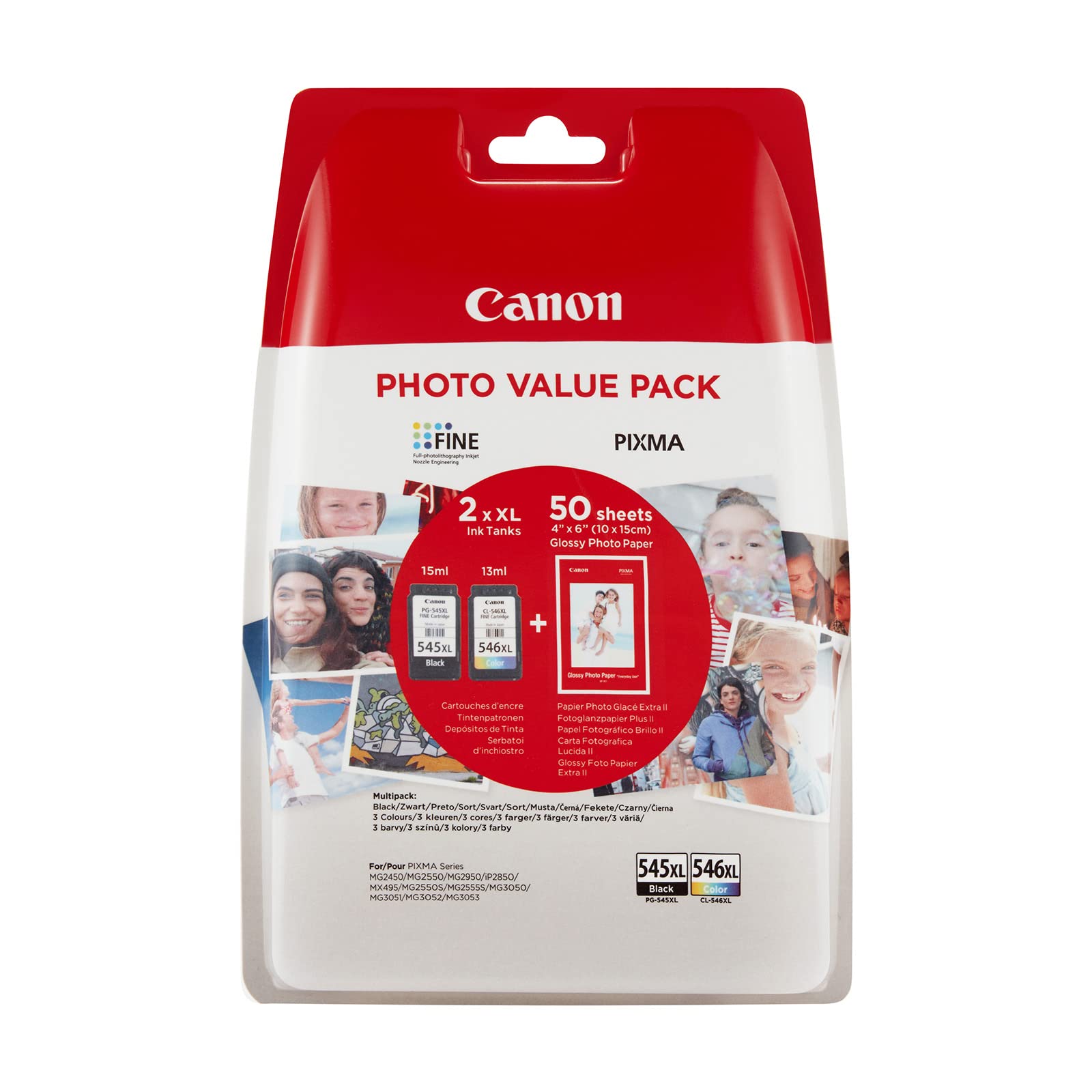 Canon Genuine Ink Cartridges PG-545XL/CL-546 XL + Photo Paper Value Pack For Selected T, TR, IP, MX and MG Series, Black/Yellow/Magenta/Cyan,2421U95