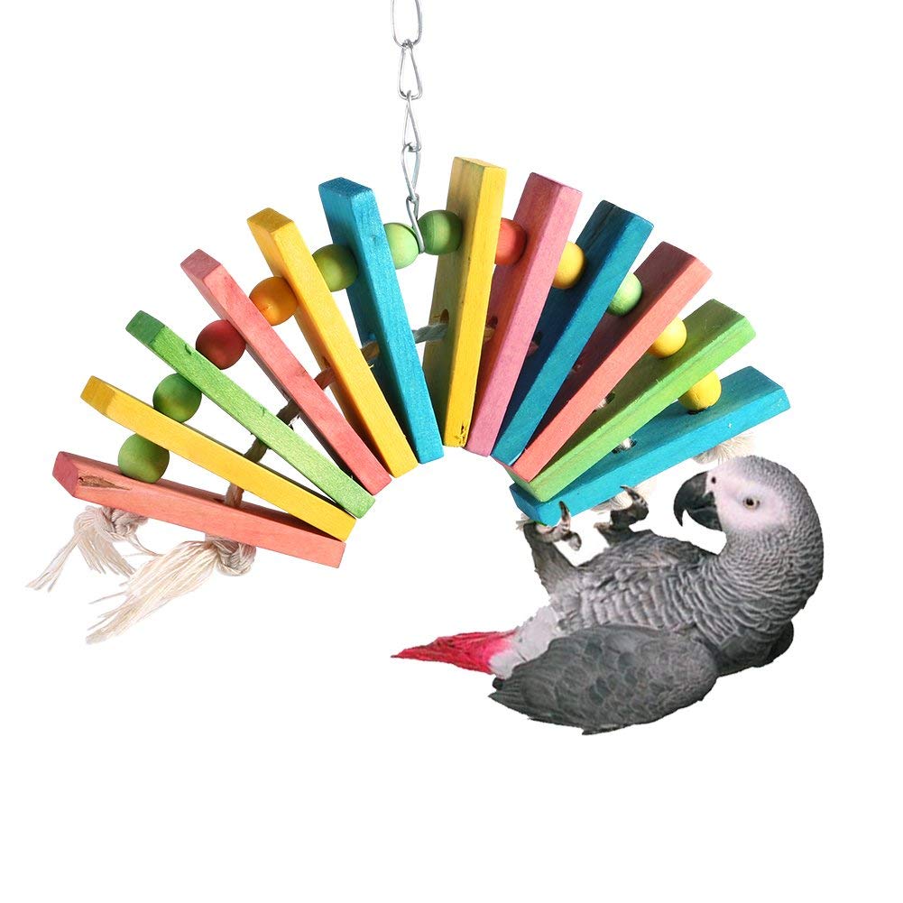 HEEPDD Parrot Chew Toy, Colorful Wood Blocks and Beads Bird Swing Cage Decoration for Cockatiel Budgies Conure Parakeet African Greys, Natural Bead and Wood Texture Ha